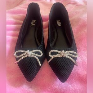 MIA Black Pointed-Toe Knit Ballet Flats with Crystal Bow